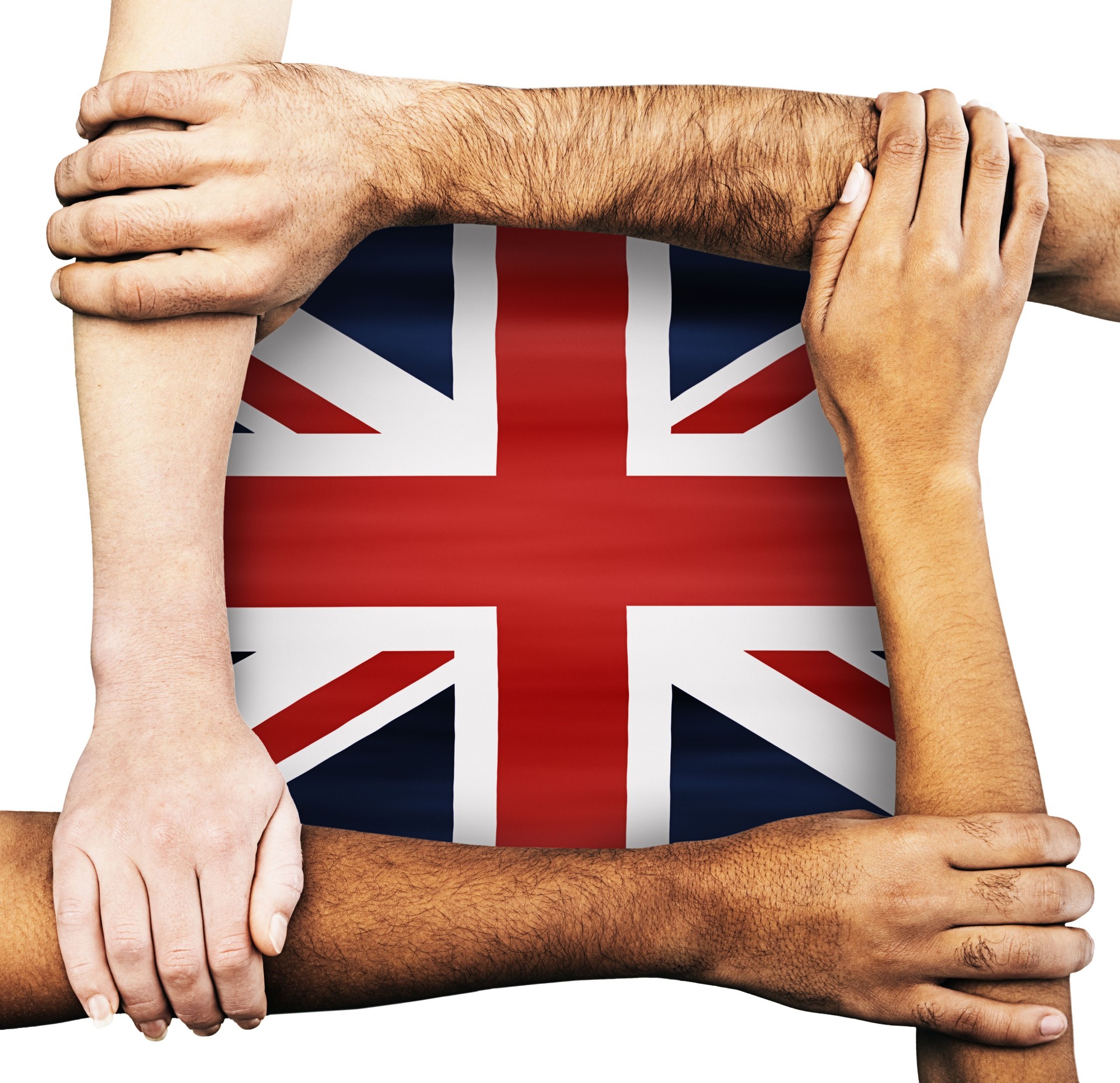 British flag surrounded by diverse group of clasped hands and arms